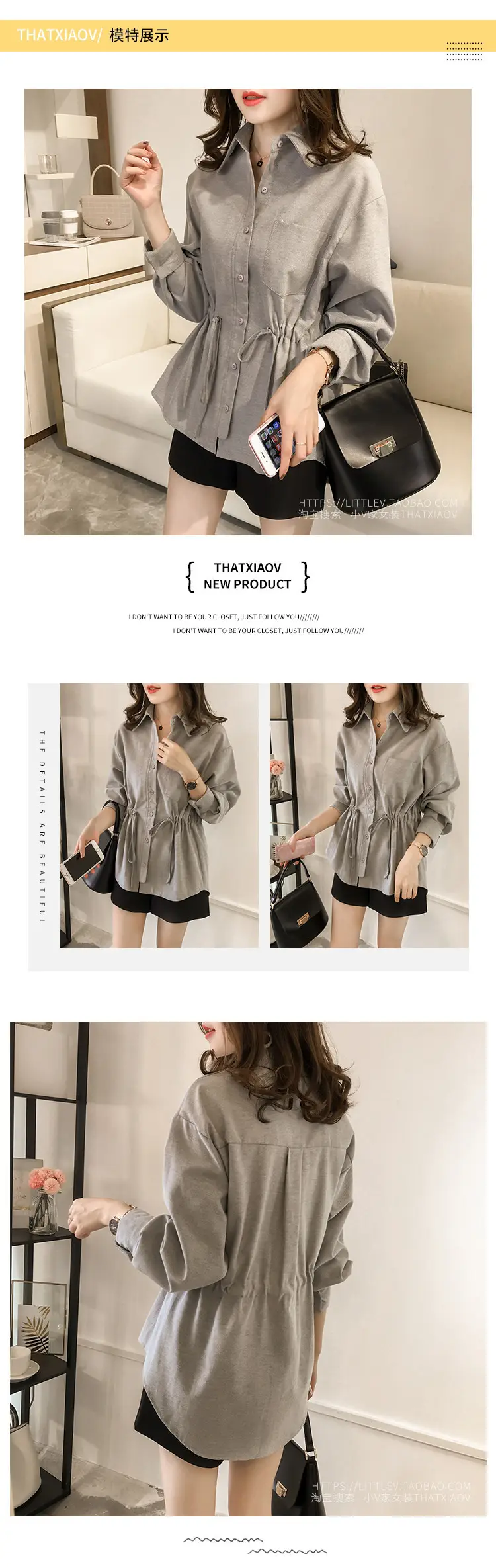2025 Korean Style Women Cotton Linen Shirt Blue Lapel Drawstring Waist — feature 4