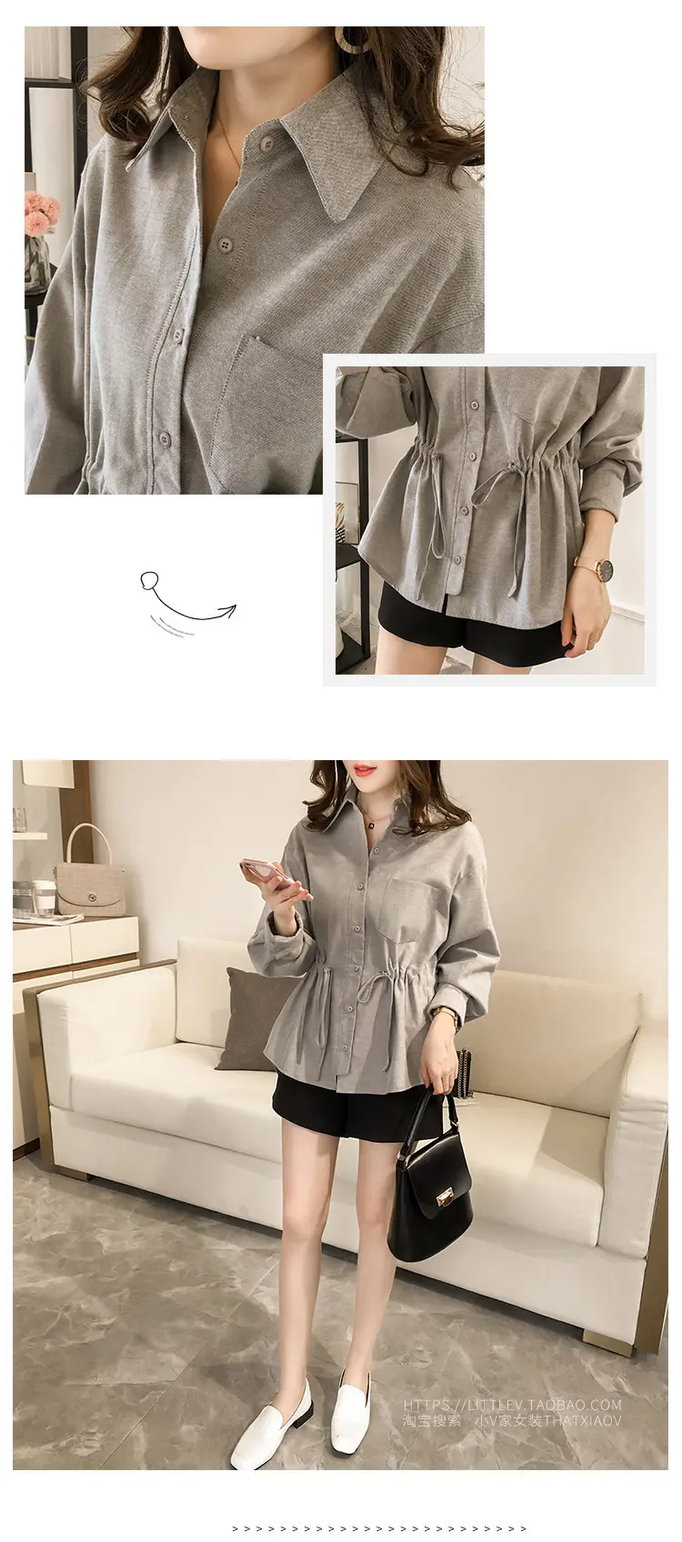 2025 Korean Style Women Cotton Linen Shirt Blue Lapel Drawstring Waist — feature 5