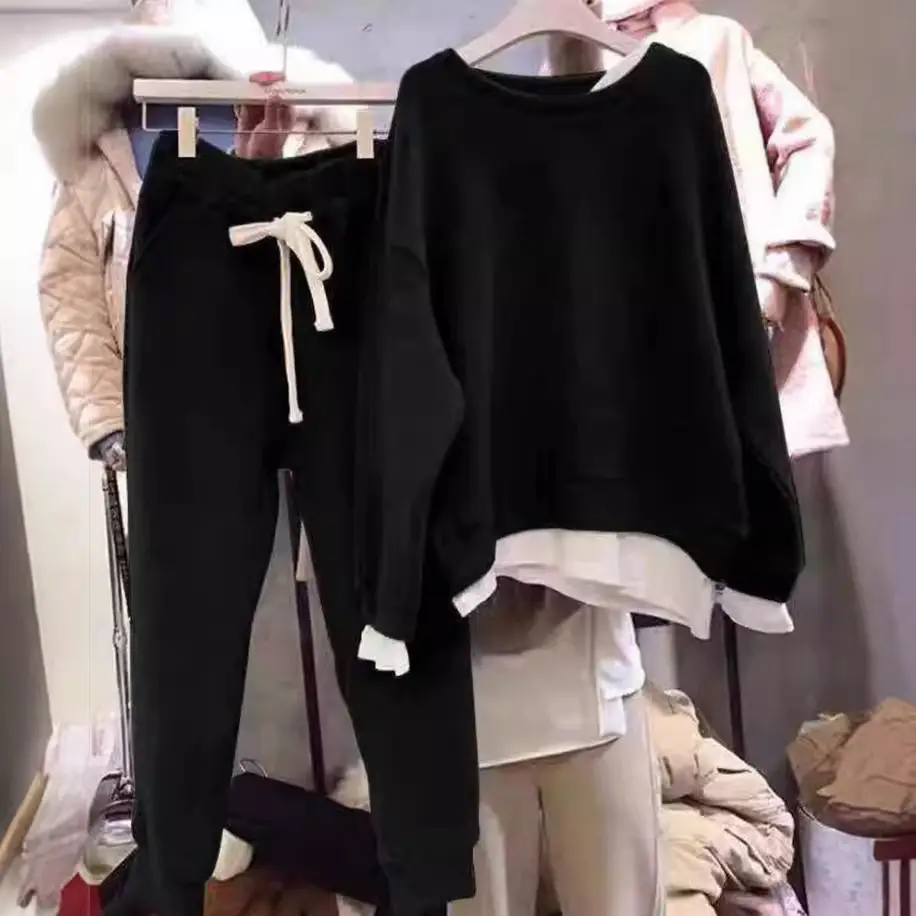 Black Loose Sweatshirt Set for Women Winter Casual
