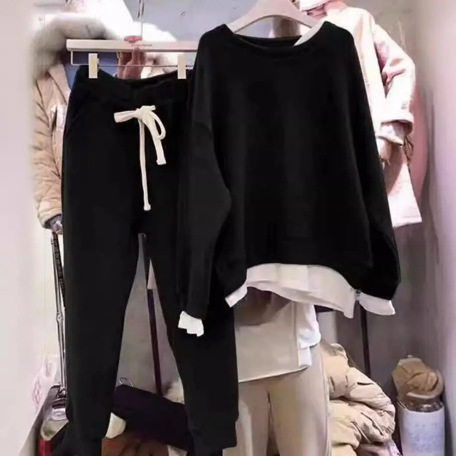 Black Loose Sweatshirt Set for Women Winter Casual