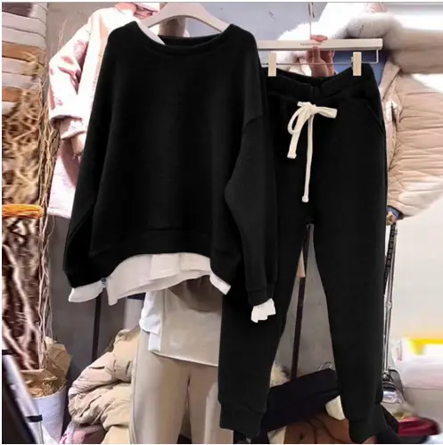 Black Loose Sweatshirt Set for Women Winter Casual