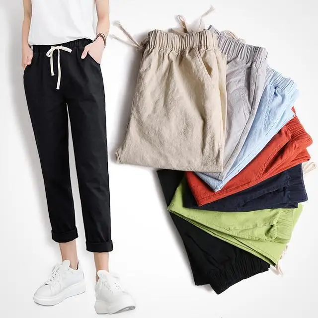 Women Cotton Linen Nine Point Pants White - Image 7