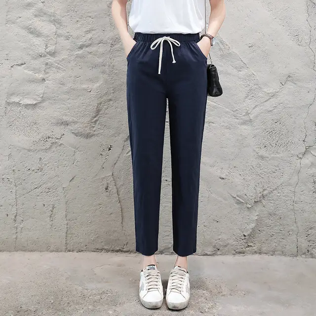 Women Cotton Linen Nine Point Pants White - Image 4