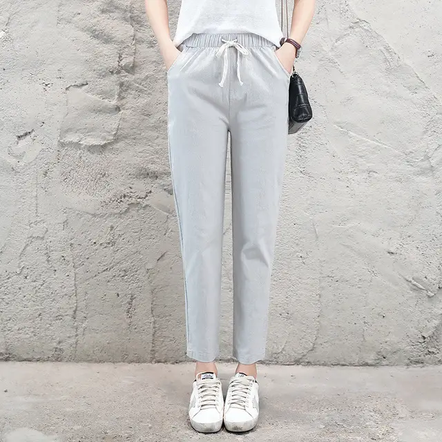 Women Cotton Linen Nine Point Pants White - Image 8