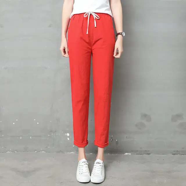 Women Cotton Linen Nine Point Pants White - Image 5