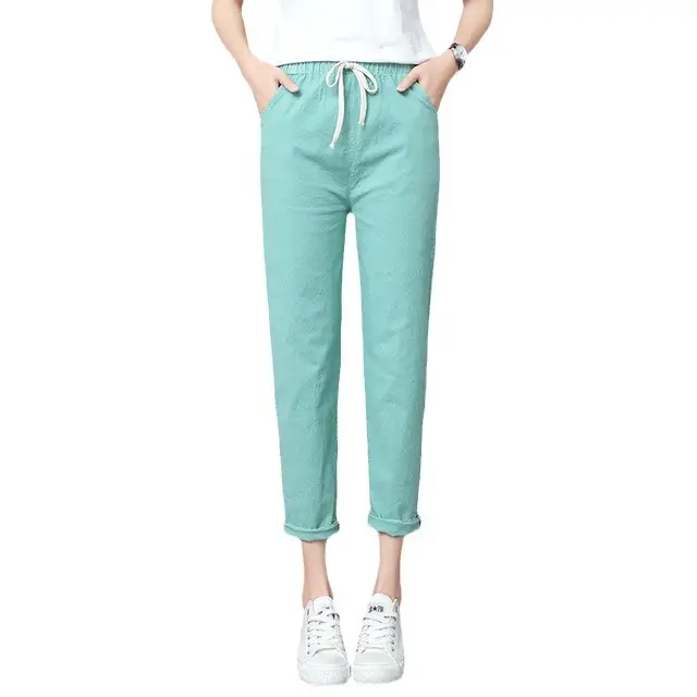 Women Cotton Linen Nine Point Pants White - Image 9