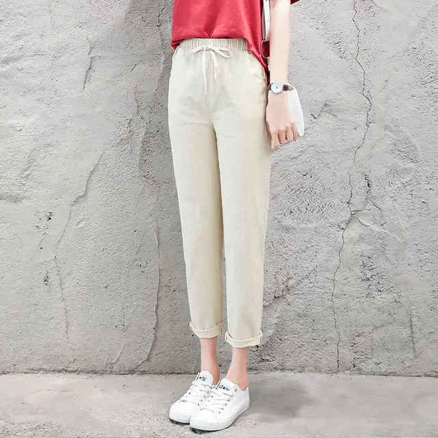 Women Cotton Linen Nine Point Pants White - Image 2