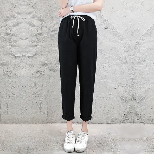 Women Cotton Linen Nine Point Pants White - Image 3