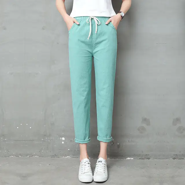 Women Cotton Linen Nine Point Pants White - Image 6