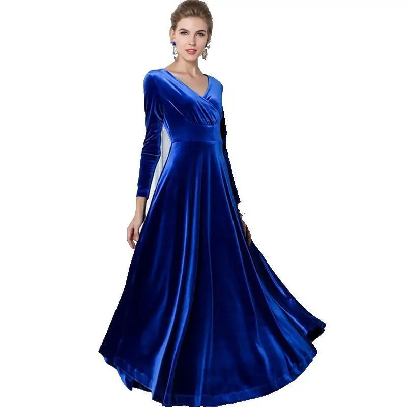 2023 Gold Velvet Long Swing V-Neck Dress for Women - Image 4