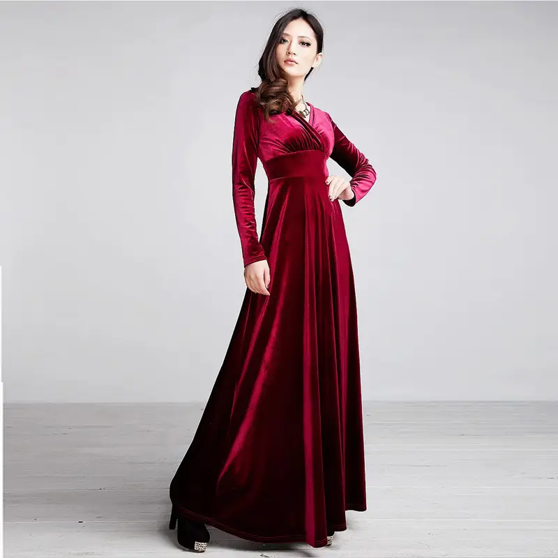 2023 Gold Velvet Long Swing V-Neck Dress for Women - Image 5