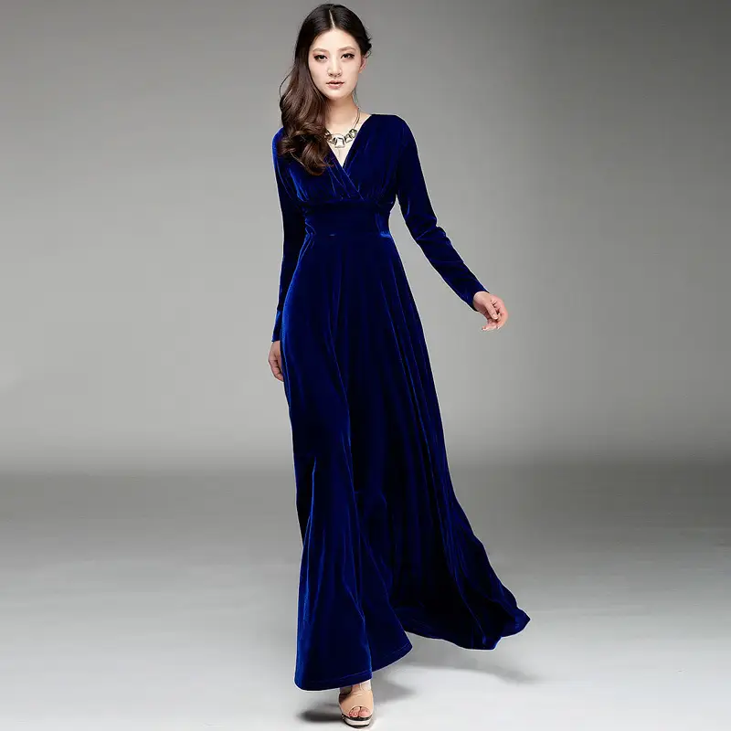 2023 Gold Velvet Long Swing V-Neck Dress for Women - Image 6