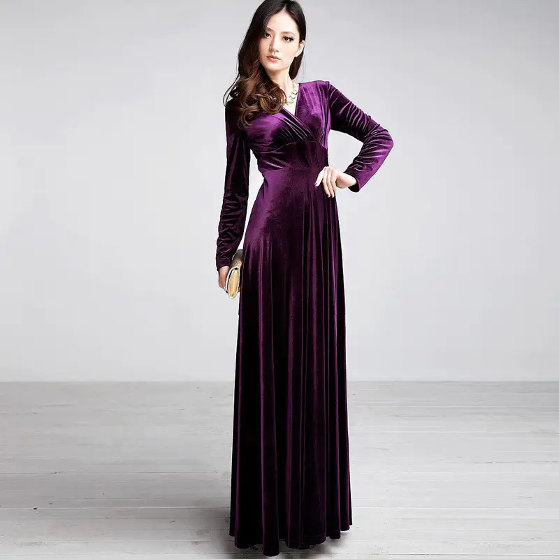 2023 Gold Velvet Long Swing V-Neck Dress for Women - Image 7