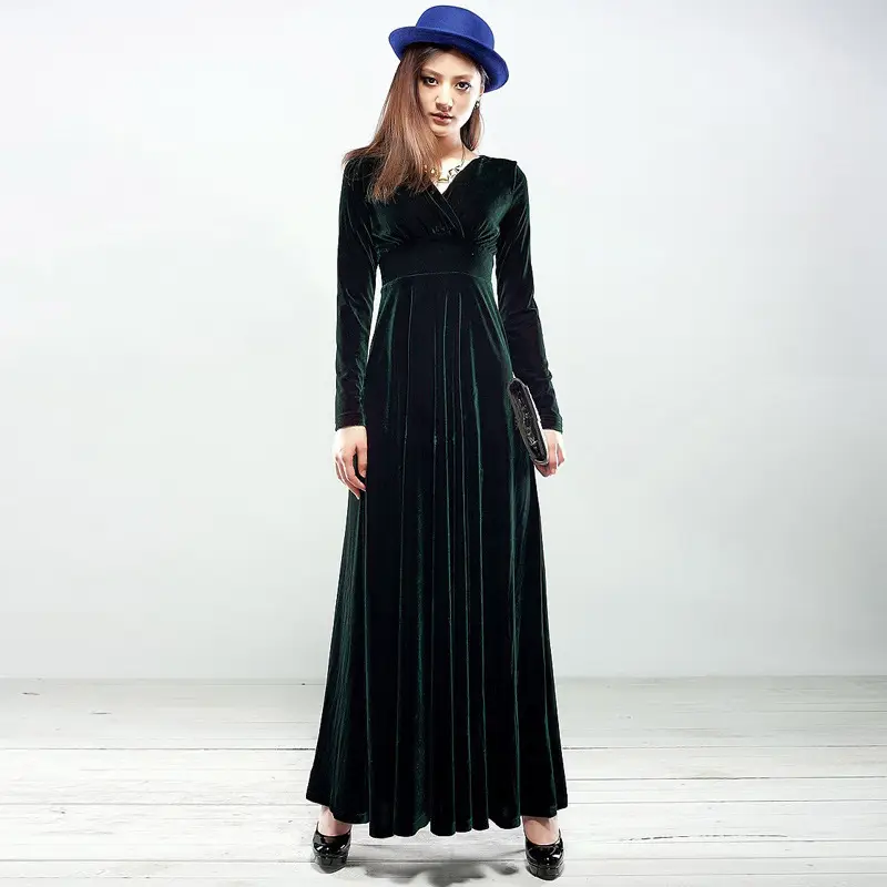 2023 Gold Velvet Long Swing V-Neck Dress for Women - Image 8