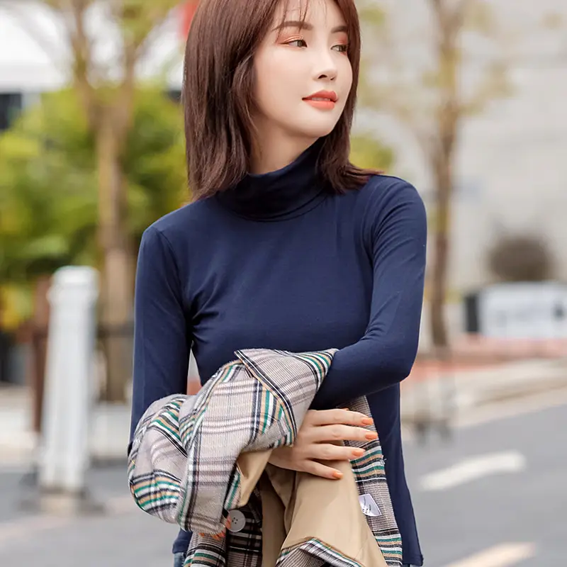 Women's Grey High Collar Long Sleeve T-Shirt
