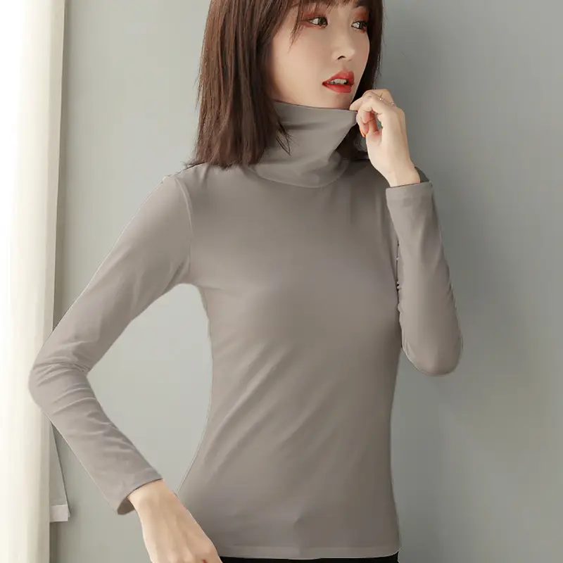 Women's Grey High Collar Long Sleeve T-Shirt