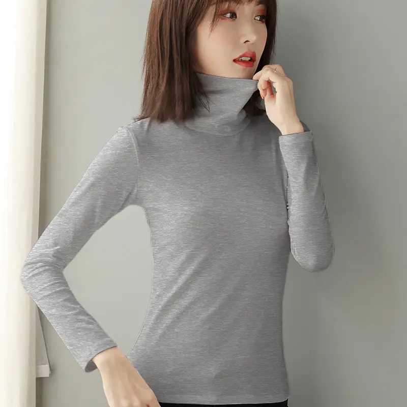 Women's Grey High Collar Long Sleeve T-Shirt