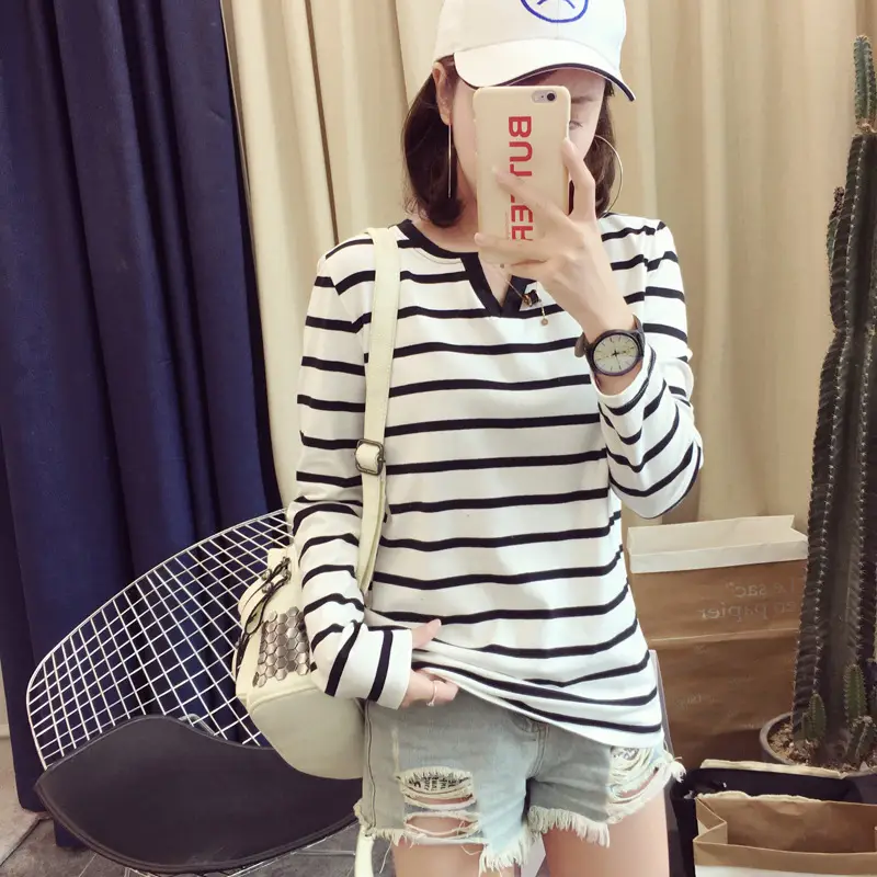 Women Striped Long Sleeve V Neck T-Shirt 2020 - Image 6