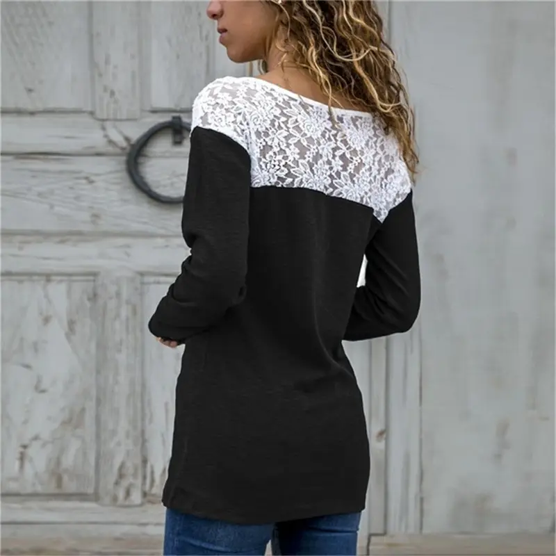 Women's Grey Lace Long Sleeve T-Shirt with White Embroidery — feature 10