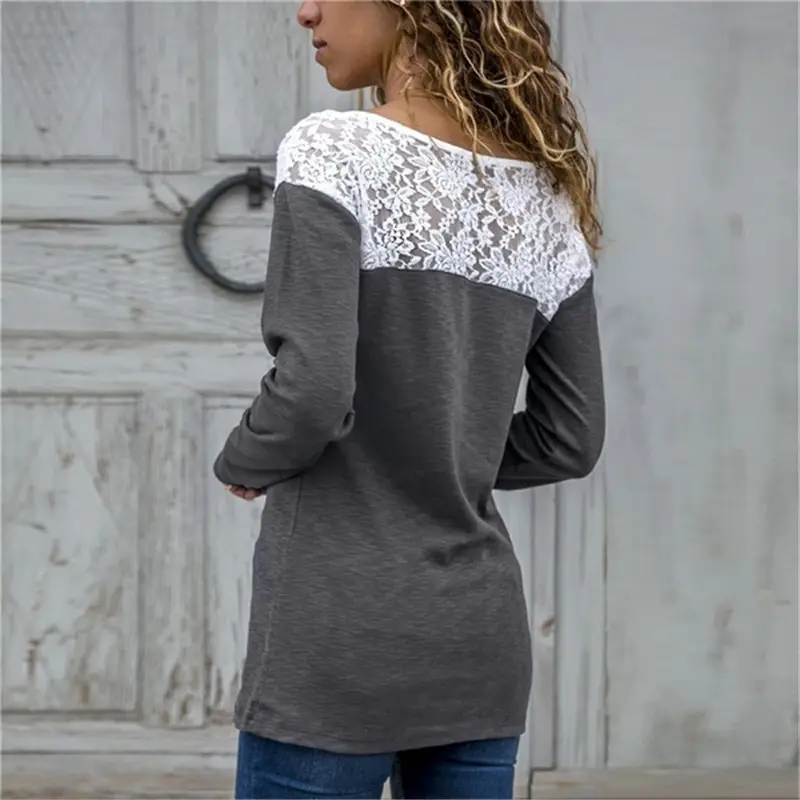 Women's Grey Lace Long Sleeve T-Shirt with White Embroidery — feature 12