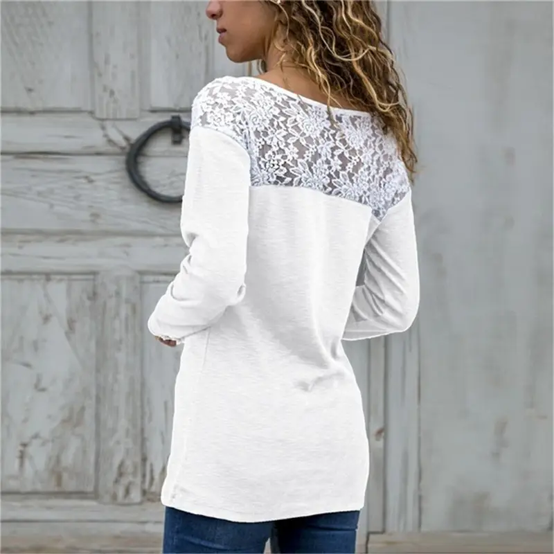 Women's Grey Lace Long Sleeve T-Shirt with White Embroidery — feature 9