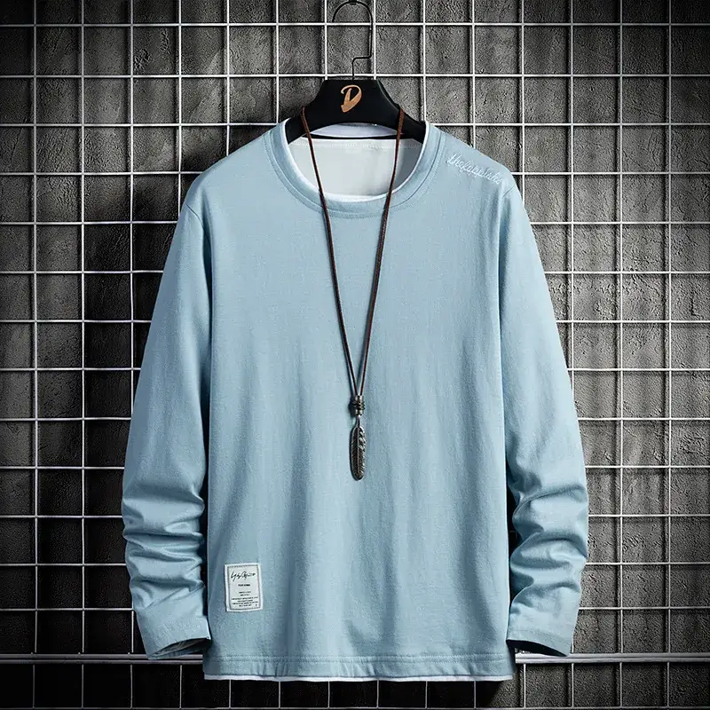 Men's White Long Sleeve T-Shirt Korean Style Pure Cotton - Image 4