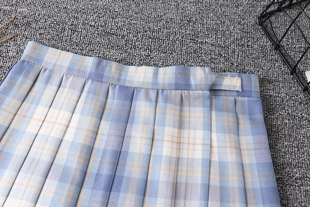 Japanese Plaid Folded Skirt Blue White for Students - Image 9
