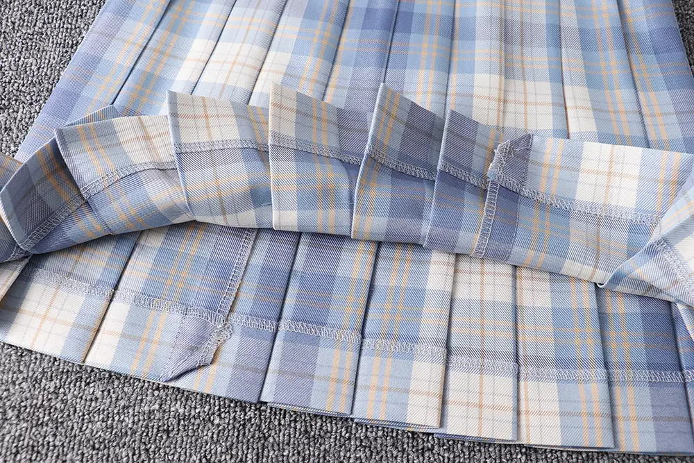 Japanese Plaid Folded Skirt Blue White for Students - Image 11