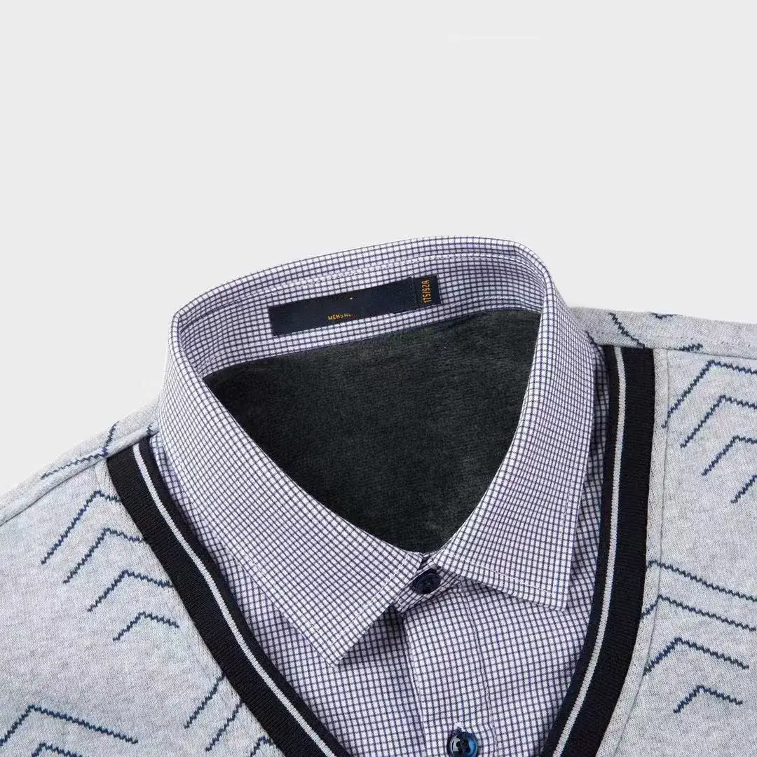 Winter Fleece Collar Vest Grey White T-Shirt Set - Image 3