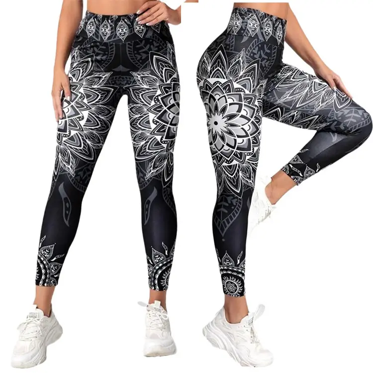 Digital Printed High Waist Leggings Large Black White Pattern - Image 2