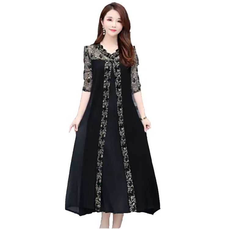 Black Lace Long Dress for Plus Size Women Slimming Over-The-Knee Design - Image 6