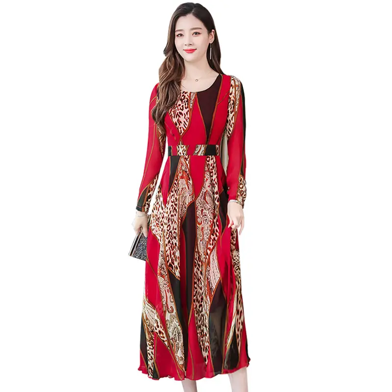 Red Printed Long Sleeve Kurti with Skirt Set