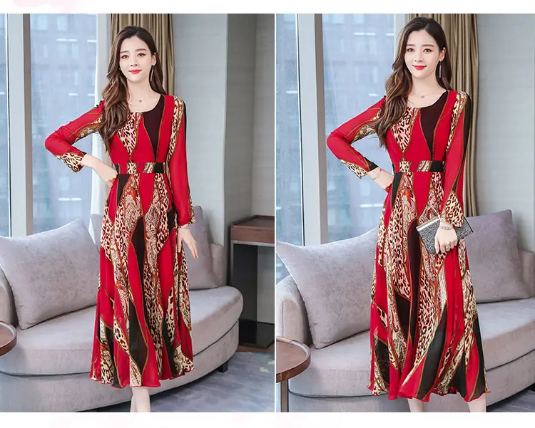 Red Printed Long Sleeve Kurti with Skirt Set — feature 28