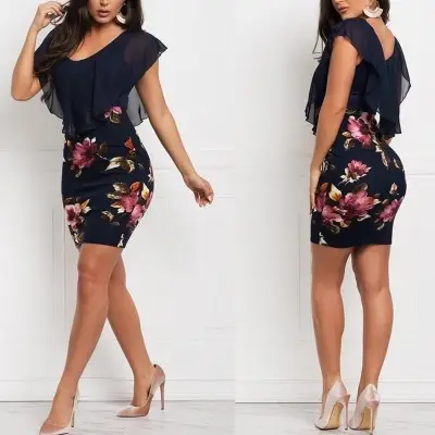 2023 Floral Printed Navy Slim Fit Dress for Women - Image 5