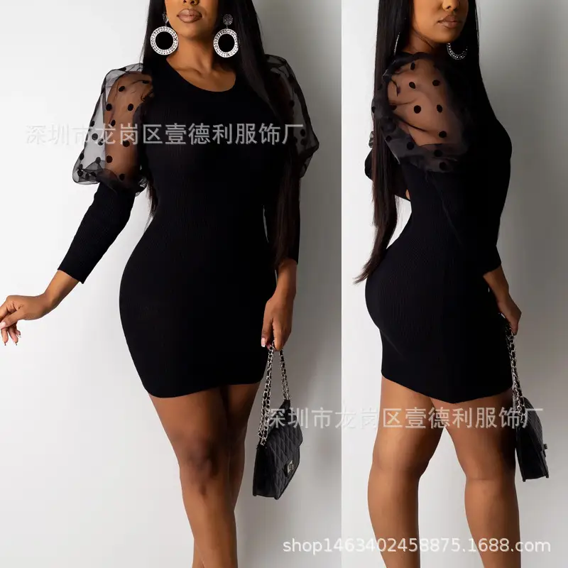 European American Cross-Border Sexy Patchwork Mesh Polka Dot Bodycon Long Sleeve Dress New Model - Image 4