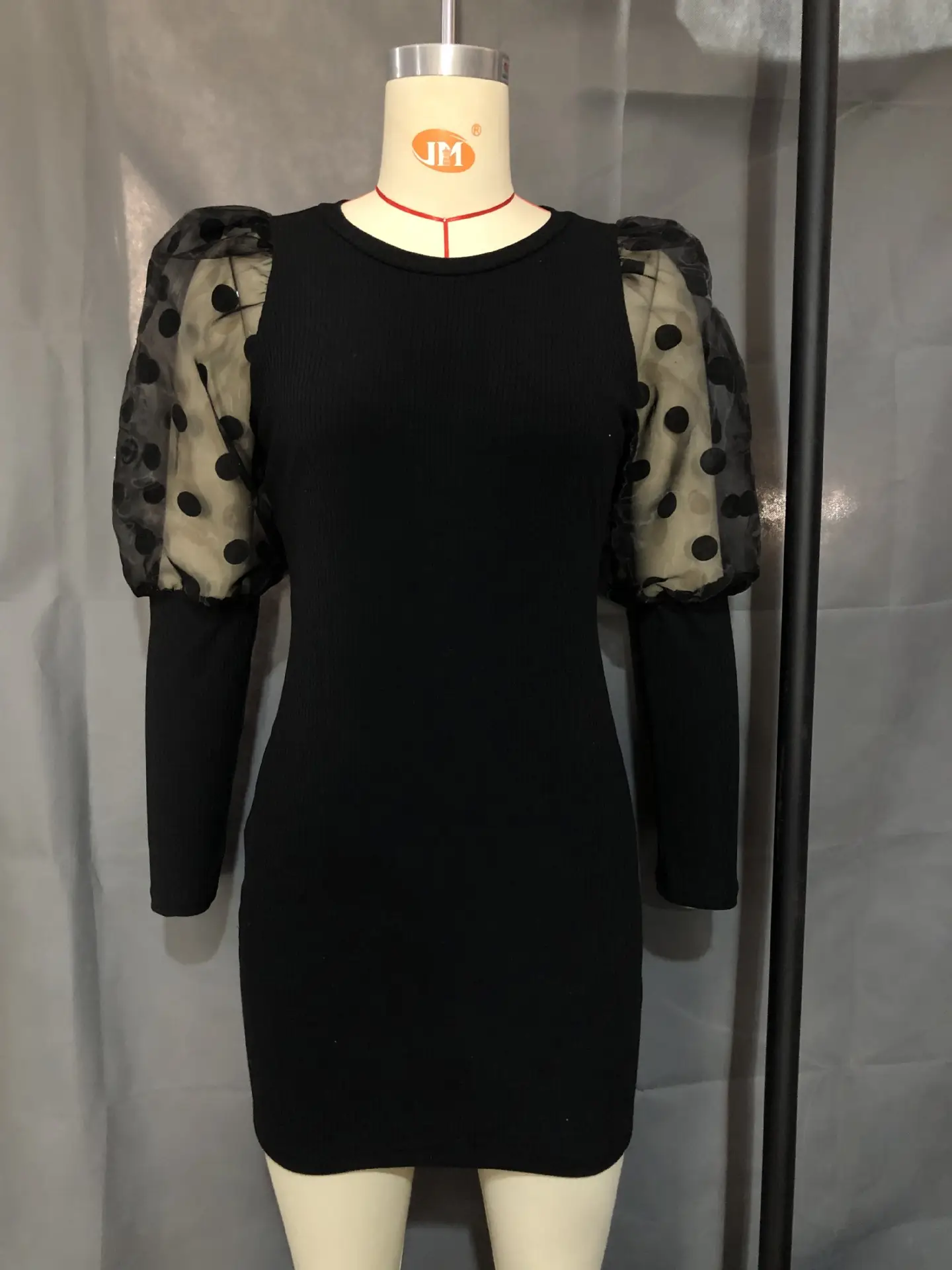 European American Cross-Border Sexy Patchwork Mesh Polka Dot Bodycon Long Sleeve Dress New Model - Image 2