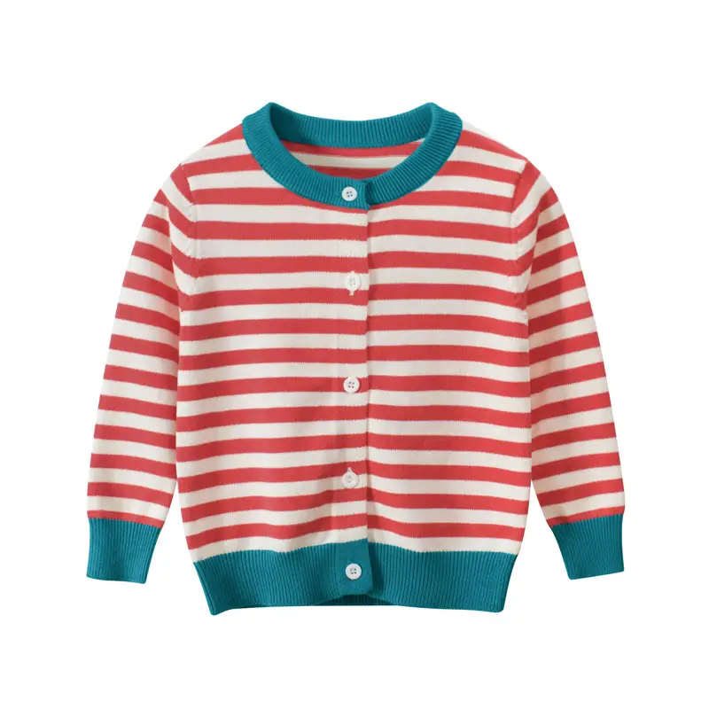 Girls Striped Cardigan Sweater Red Teal Button Front