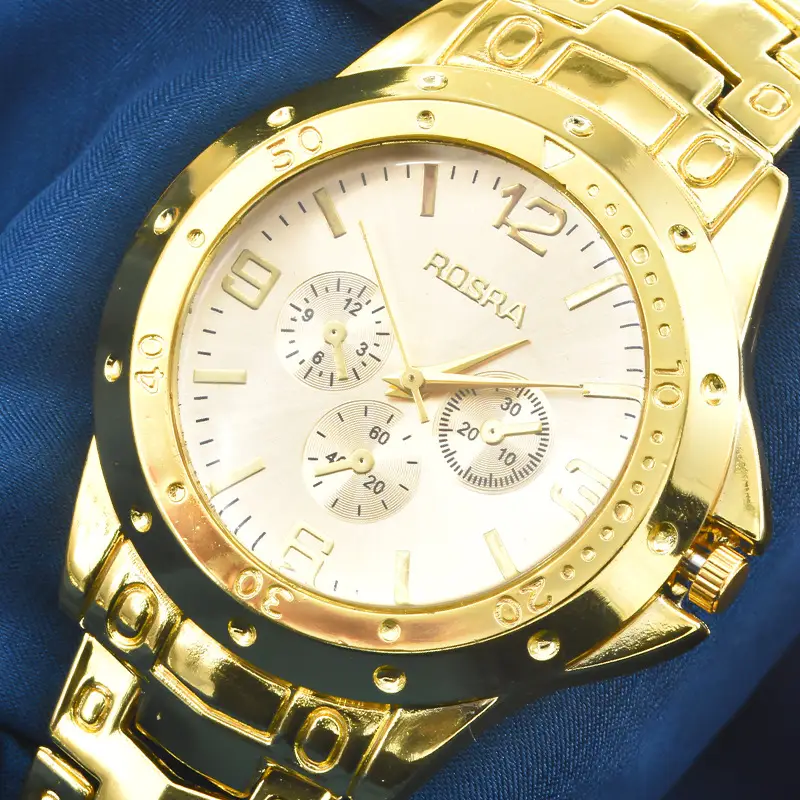 Golden Three-Eye Dial Men's Watch with Steel Band
