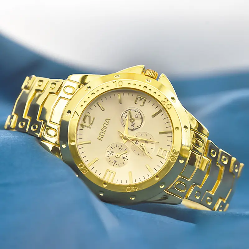 Golden Three-Eye Dial Men's Watch with Steel Band