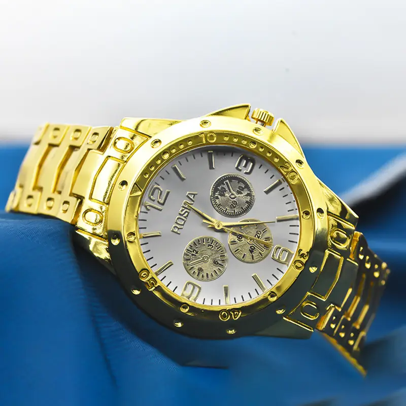 Golden Three-Eye Dial Men's Watch with Steel Band