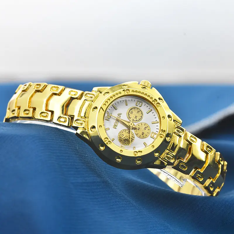 Golden Three-Eye Dial Men's Watch with Steel Band