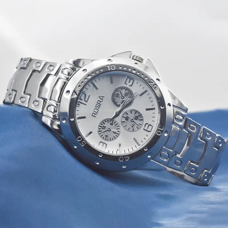Golden Three-Eye Dial Men's Watch with Steel Band