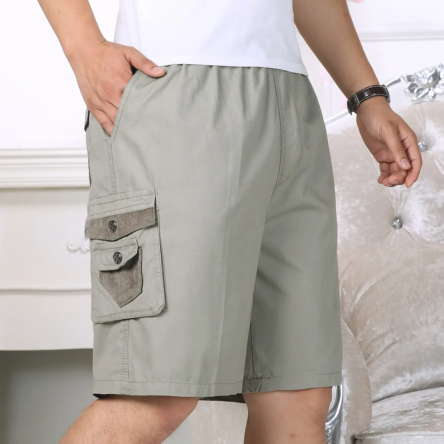 Men Cotton Cargo Shorts Grey Large Summer Casual