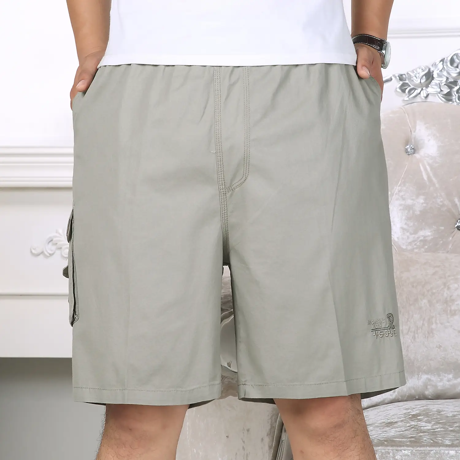 Men Cotton Cargo Shorts Grey Large Summer Casual