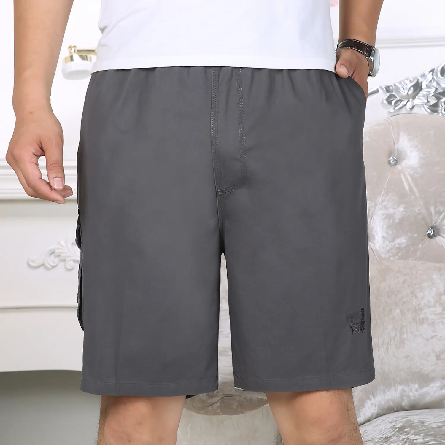 Men Cotton Cargo Shorts Grey Large Summer Casual