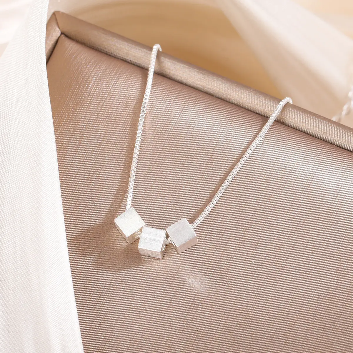Three-Dimensional 3-Square Brushed Silver Necklace for Women - Image 2