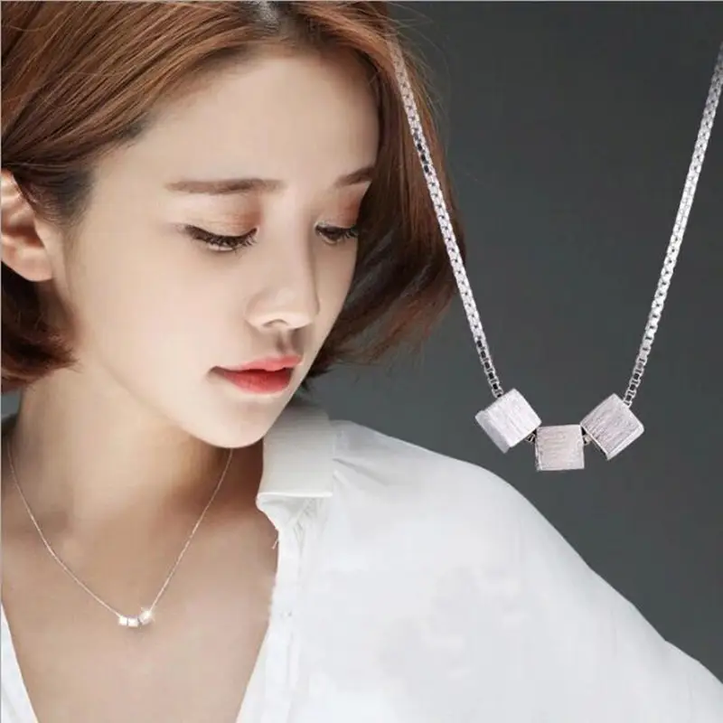 Three-Dimensional 3-Square Brushed Silver Necklace for Women - Image 4