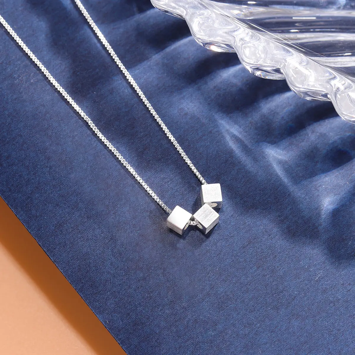Three-Dimensional 3-Square Brushed Silver Necklace for Women - Image 5
