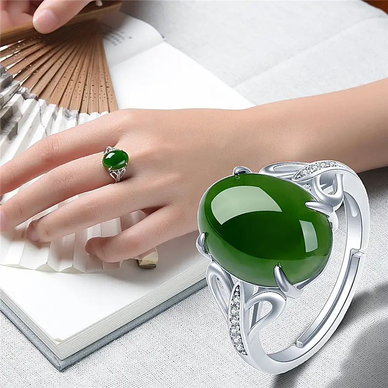 Green Agate Ring for Men Women Silver Chalcedony