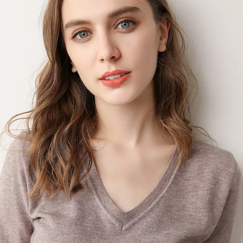 Blue V-Neck Knit T-Shirt for Women - Image 20
